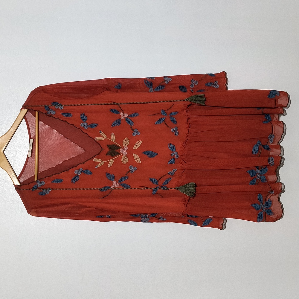 Embroidered Rust Dress with Blue Accents